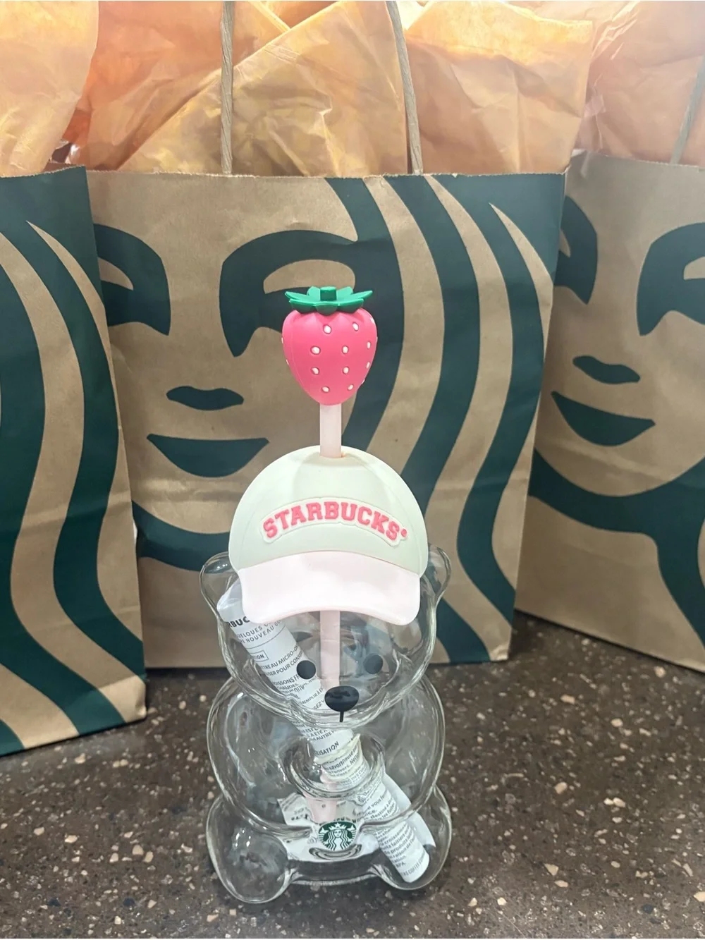 Starbucks Glass Bearista Bear Cup Strawberry Straw & Hat 20oz - Picture 2 of 9